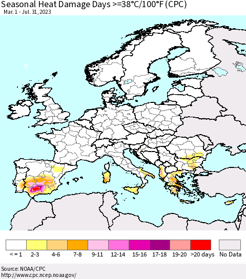Europe Seasonal Heat Damage Days >=38°C/100°F (CPC) Thematic Map For 3/1/2023 - 7/31/2023