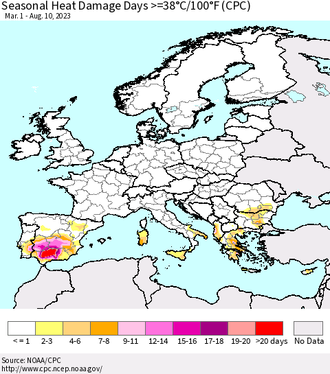 Europe Seasonal Heat Damage Days >=38°C/100°F (CPC) Thematic Map For 3/1/2023 - 8/10/2023