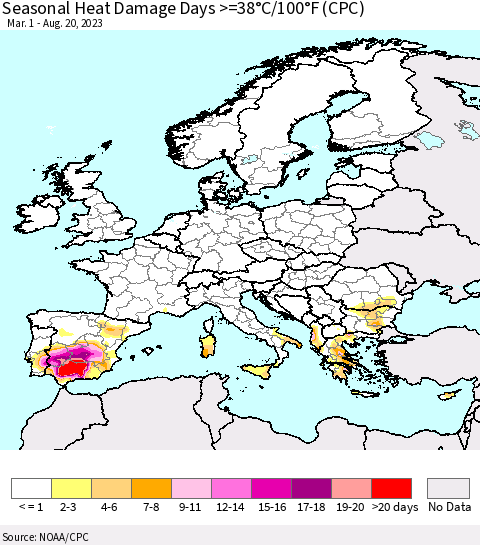 Europe Seasonal Heat Damage Days >=38°C/100°F (CPC) Thematic Map For 3/1/2023 - 8/20/2023