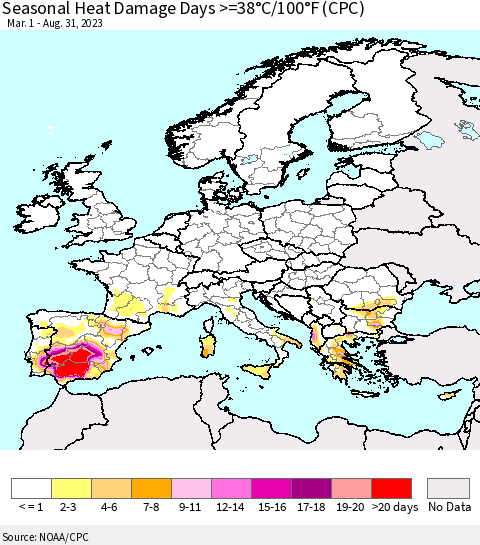 Europe Seasonal Heat Damage Days >=38°C/100°F (CPC) Thematic Map For 3/1/2023 - 8/31/2023