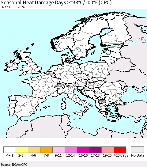 Europe Seasonal Heat Damage Days >=38°C/100°F (CPC) Thematic Map For 3/1/2024 - 3/10/2024