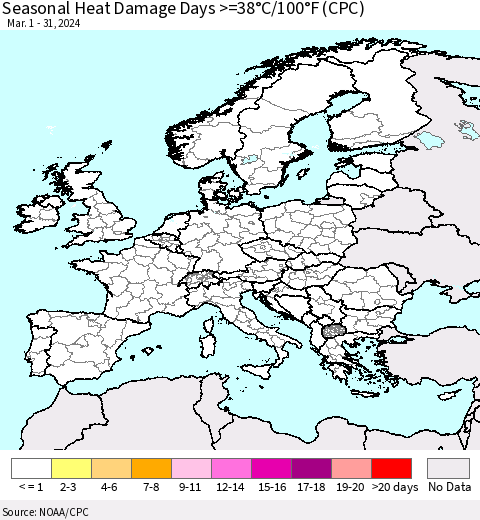 Europe Seasonal Heat Damage Days >=38°C/100°F (CPC) Thematic Map For 3/1/2024 - 3/31/2024