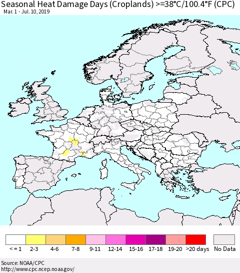 Europe Seasonal Heat Damage Days (Croplands) >=38°C/100°F (CPC) Thematic Map For 3/1/2019 - 7/10/2019