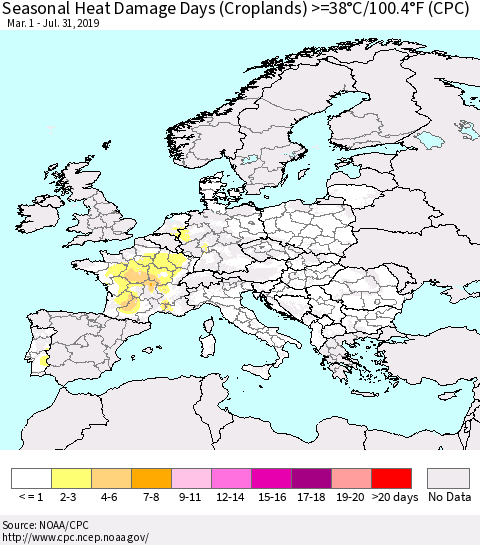 Europe Seasonal Heat Damage Days (Croplands) >=38°C/100°F (CPC) Thematic Map For 3/1/2019 - 7/31/2019