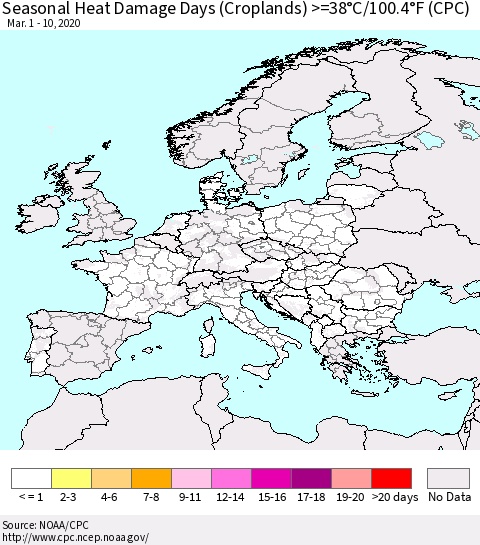 Europe Seasonal Heat Damage Days (Croplands) >=38°C/100°F (CPC) Thematic Map For 3/1/2020 - 3/10/2020