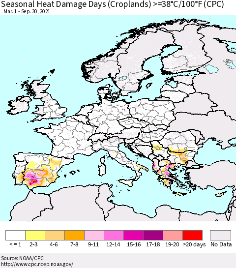 Europe Seasonal Heat Damage Days (Croplands) >=38°C/100°F (CPC) Thematic Map For 3/1/2021 - 9/30/2021