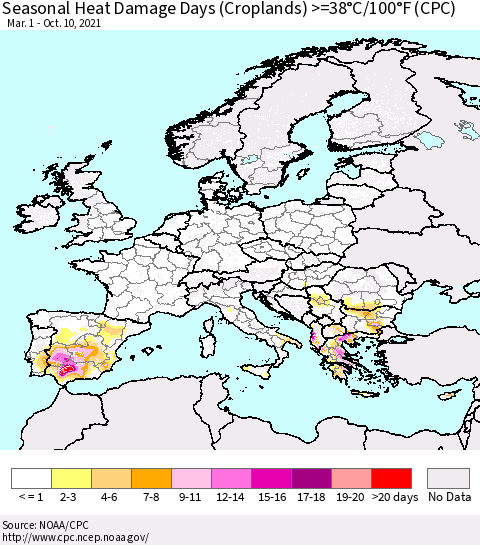 Europe Seasonal Heat Damage Days (Croplands) >=38°C/100°F (CPC) Thematic Map For 3/1/2021 - 10/10/2021