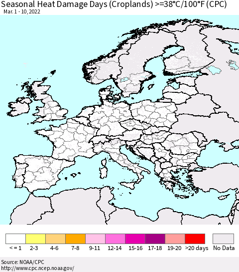 Europe Seasonal Heat Damage Days (Croplands) >=38°C/100°F (CPC) Thematic Map For 3/1/2022 - 3/10/2022