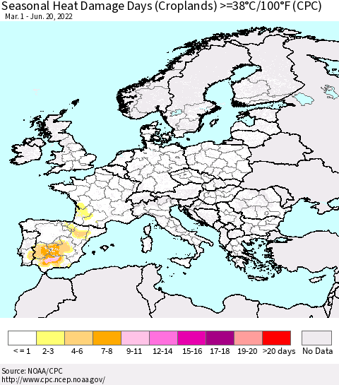 Europe Seasonal Heat Damage Days (Croplands) >=38°C/100°F (CPC) Thematic Map For 3/1/2022 - 6/20/2022