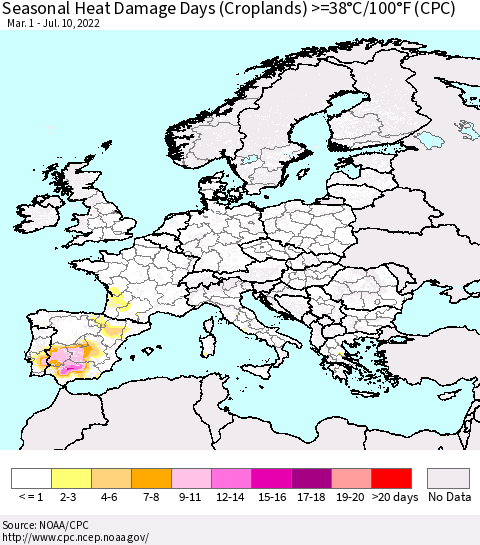 Europe Seasonal Heat Damage Days (Croplands) >=38°C/100°F (CPC) Thematic Map For 3/1/2022 - 7/10/2022
