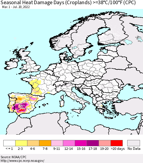 Europe Seasonal Heat Damage Days (Croplands) >=38°C/100°F (CPC) Thematic Map For 3/1/2022 - 7/20/2022