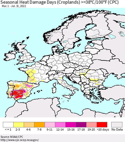 Europe Seasonal Heat Damage Days (Croplands) >=38°C/100°F (CPC) Thematic Map For 3/1/2022 - 7/31/2022