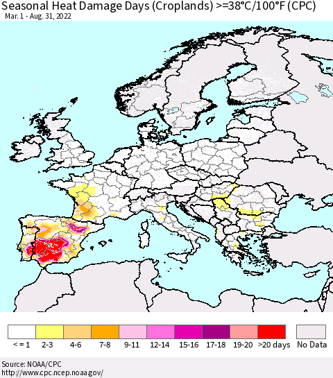 Europe Seasonal Heat Damage Days (Croplands) >=38°C/100°F (CPC) Thematic Map For 3/1/2022 - 8/31/2022