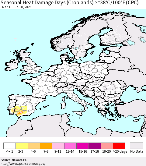 Europe Seasonal Heat Damage Days (Croplands) >=38°C/100°F (CPC) Thematic Map For 3/1/2023 - 6/30/2023