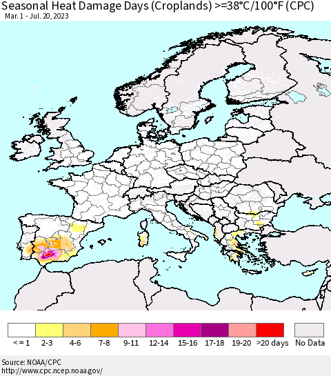 Europe Seasonal Heat Damage Days (Croplands) >=38°C/100°F (CPC) Thematic Map For 3/1/2023 - 7/20/2023