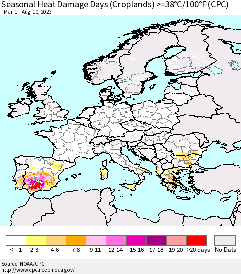 Europe Seasonal Heat Damage Days (Croplands) >=38°C/100°F (CPC) Thematic Map For 3/1/2023 - 8/10/2023
