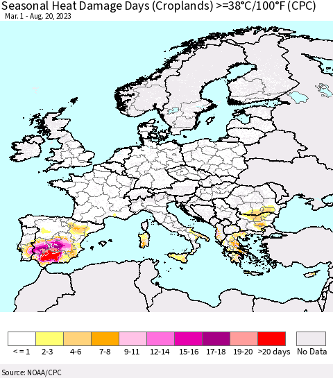 Europe Seasonal Heat Damage Days (Croplands) >=38°C/100°F (CPC) Thematic Map For 3/1/2023 - 8/20/2023