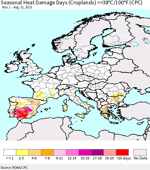 Europe Seasonal Heat Damage Days (Croplands) >=38°C/100°F (CPC) Thematic Map For 3/1/2023 - 8/31/2023