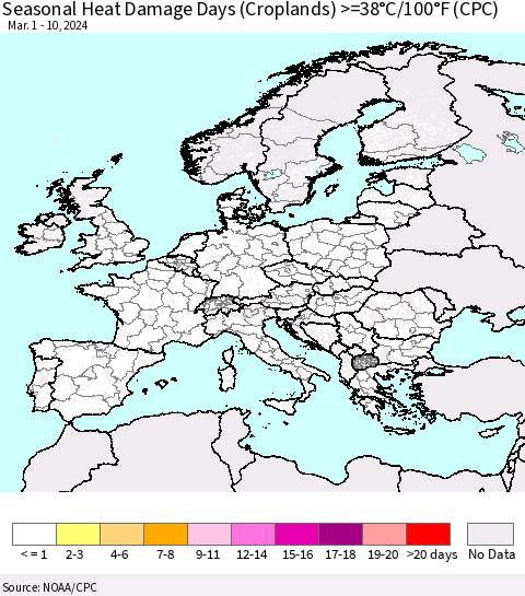 Europe Seasonal Heat Damage Days (Croplands) >=38°C/100°F (CPC) Thematic Map For 3/1/2024 - 3/10/2024