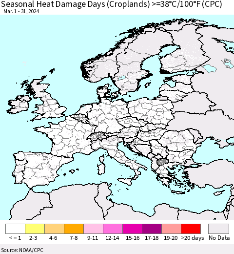 Europe Seasonal Heat Damage Days (Croplands) >=38°C/100°F (CPC) Thematic Map For 3/1/2024 - 3/31/2024