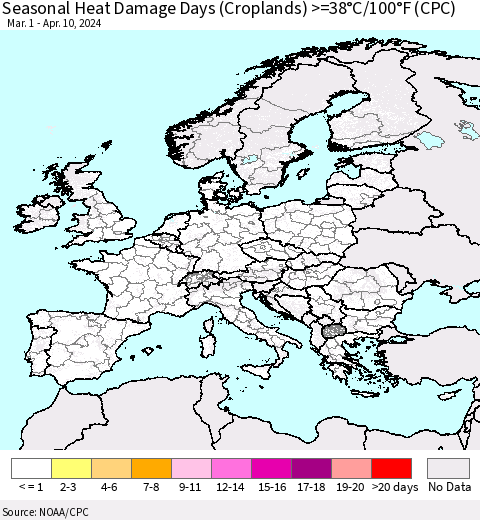 Europe Seasonal Heat Damage Days (Croplands) >=38°C/100°F (CPC) Thematic Map For 3/1/2024 - 4/10/2024