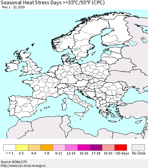 Europe Seasonal Heat Stress Days >=35°C/95°F (CPC) Thematic Map For 3/1/2020 - 3/10/2020