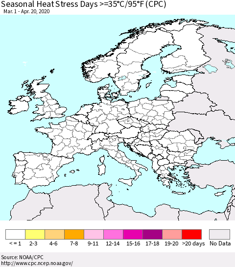 Europe Seasonal Heat Stress Days >=35°C/95°F (CPC) Thematic Map For 3/1/2020 - 4/20/2020