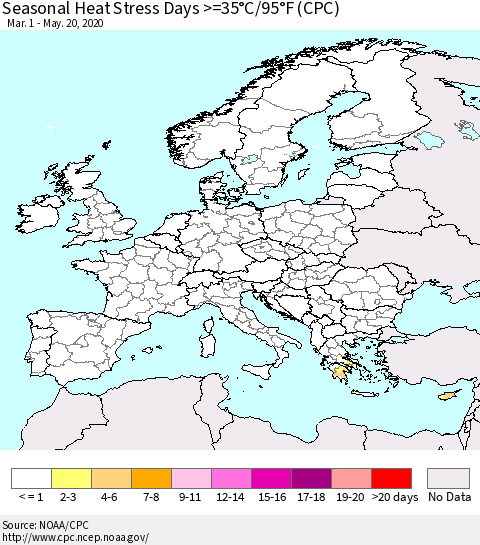 Europe Seasonal Heat Stress Days >=35°C/95°F (CPC) Thematic Map For 3/1/2020 - 5/20/2020