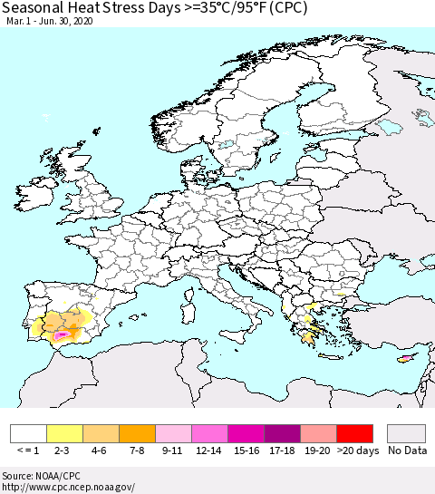 Europe Seasonal Heat Stress Days >=35°C/95°F (CPC) Thematic Map For 3/1/2020 - 6/30/2020