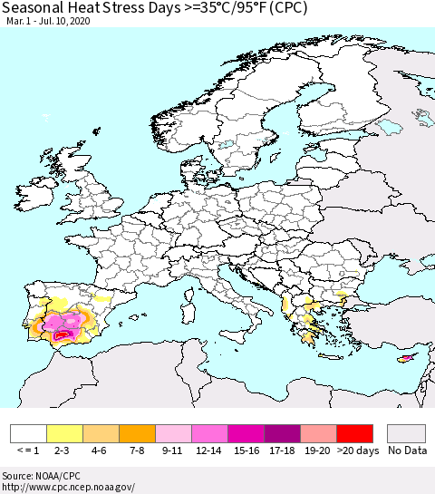 Europe Seasonal Heat Stress Days >=35°C/95°F (CPC) Thematic Map For 3/1/2020 - 7/10/2020