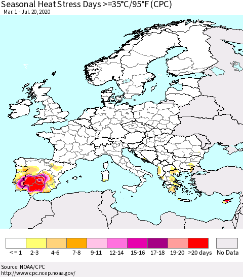Europe Seasonal Heat Stress Days >=35°C/95°F (CPC) Thematic Map For 3/1/2020 - 7/20/2020