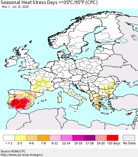 Europe Seasonal Heat Stress Days >=35°C/95°F (CPC) Thematic Map For 3/1/2020 - 7/31/2020