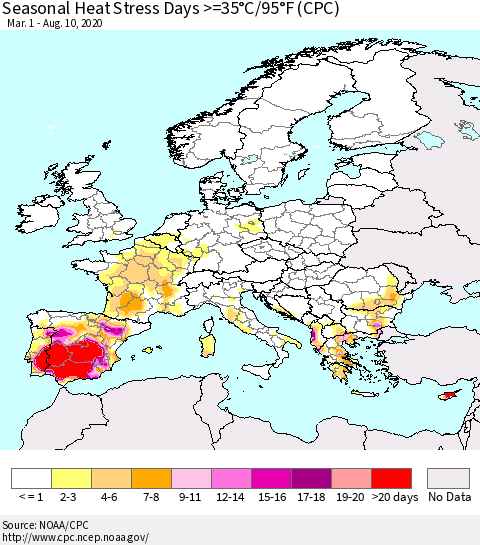 Europe Seasonal Heat Stress Days >=35°C/95°F (CPC) Thematic Map For 3/1/2020 - 8/10/2020