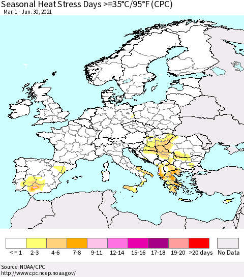 Europe Seasonal Heat Stress Days >=35°C/95°F (CPC) Thematic Map For 3/1/2021 - 6/30/2021