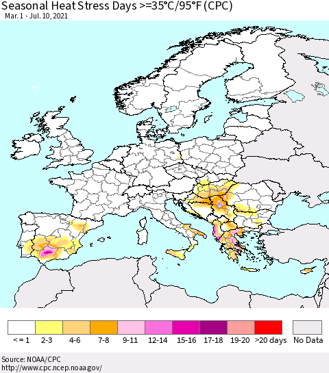 Europe Seasonal Heat Stress Days >=35°C/95°F (CPC) Thematic Map For 3/1/2021 - 7/10/2021