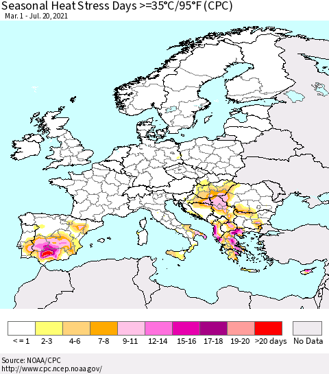 Europe Seasonal Heat Stress Days >=35°C/95°F (CPC) Thematic Map For 3/1/2021 - 7/20/2021