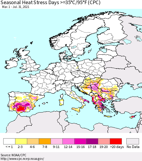 Europe Seasonal Heat Stress Days >=35°C/95°F (CPC) Thematic Map For 3/1/2021 - 7/31/2021