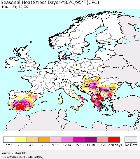 Europe Seasonal Heat Stress Days >=35°C/95°F (CPC) Thematic Map For 3/1/2021 - 8/10/2021