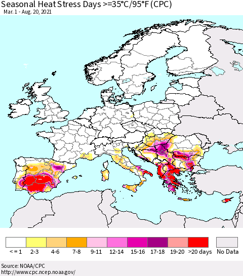 Europe Seasonal Heat Stress Days >=35°C/95°F (CPC) Thematic Map For 3/1/2021 - 8/20/2021