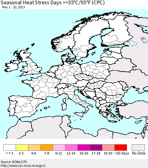 Europe Seasonal Heat Stress Days >=35°C/95°F (CPC) Thematic Map For 3/1/2023 - 3/10/2023