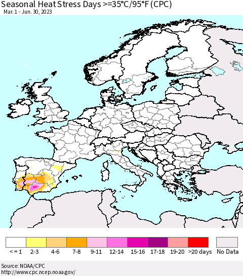 Europe Seasonal Heat Stress Days >=35°C/95°F (CPC) Thematic Map For 3/1/2023 - 6/30/2023