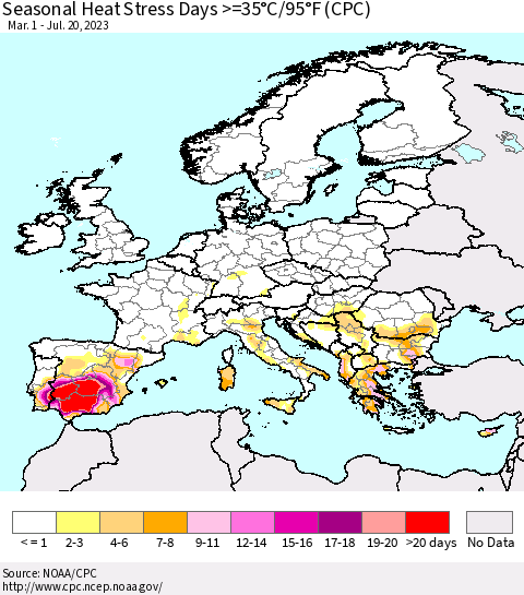 Europe Seasonal Heat Stress Days >=35°C/95°F (CPC) Thematic Map For 3/1/2023 - 7/20/2023