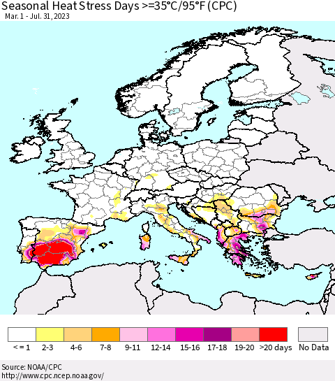 Europe Seasonal Heat Stress Days >=35°C/95°F (CPC) Thematic Map For 3/1/2023 - 7/31/2023