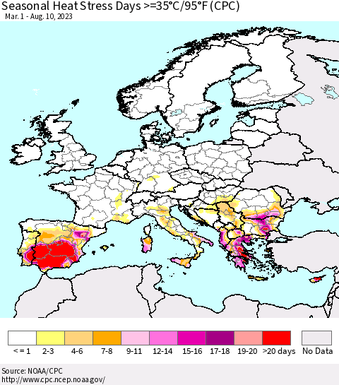 Europe Seasonal Heat Stress Days >=35°C/95°F (CPC) Thematic Map For 3/1/2023 - 8/10/2023