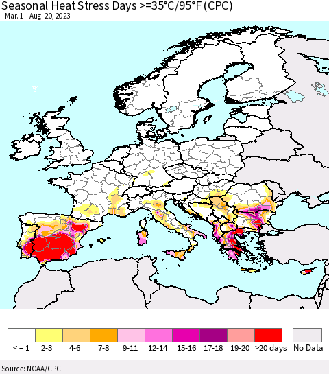 Europe Seasonal Heat Stress Days >=35°C/95°F (CPC) Thematic Map For 3/1/2023 - 8/20/2023
