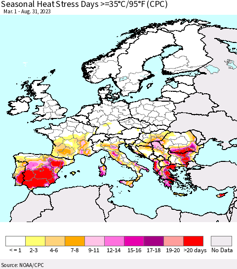 Europe Seasonal Heat Stress Days >=35°C/95°F (CPC) Thematic Map For 3/1/2023 - 8/31/2023