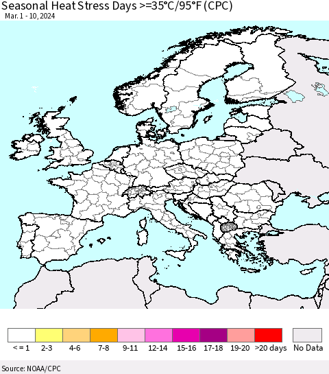 Europe Seasonal Heat Stress Days >=35°C/95°F (CPC) Thematic Map For 3/1/2024 - 3/10/2024