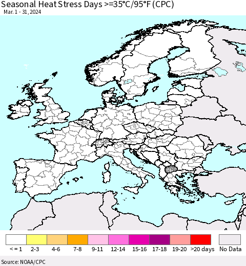 Europe Seasonal Heat Stress Days >=35°C/95°F (CPC) Thematic Map For 3/1/2024 - 3/31/2024