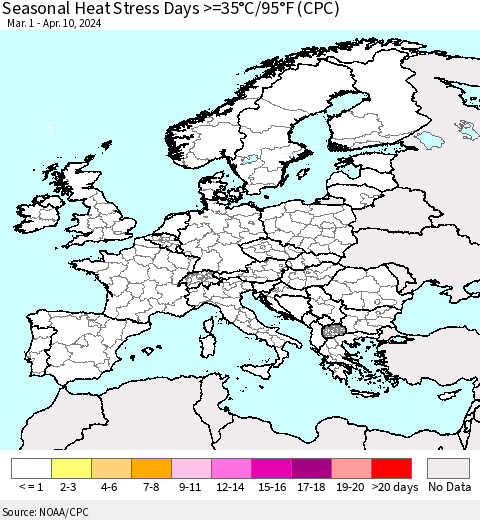 Europe Seasonal Heat Stress Days >=35°C/95°F (CPC) Thematic Map For 3/1/2024 - 4/10/2024