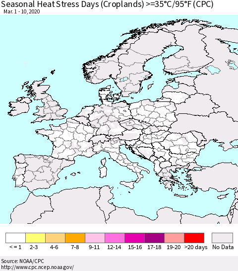 Europe Seasonal Heat Stress Days (Croplands) >=35°C/95°F (CPC) Thematic Map For 3/1/2020 - 3/10/2020